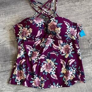 Ambrielle NEW Push Up Bandeau Floral D Cup Swim Tankini Top M/L Strappy Halter